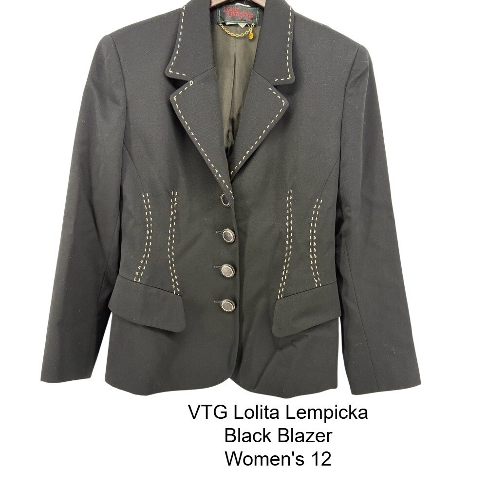 VTG‎ Lolita Lempicka Paris Black Contrast Pick Stitch Tailored Blazer Jacket